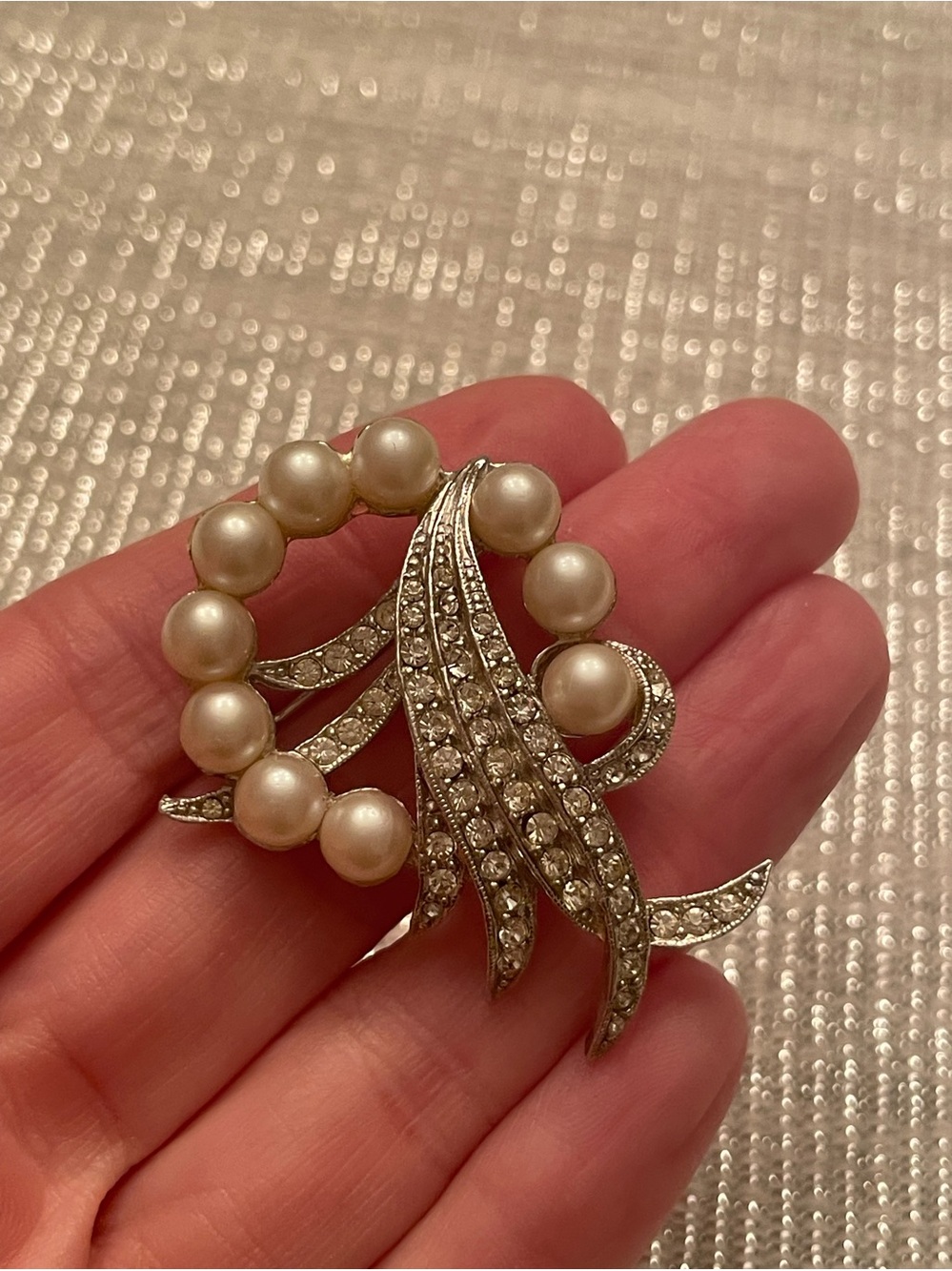 Vintage Pearl and Crystal Silver Brooch